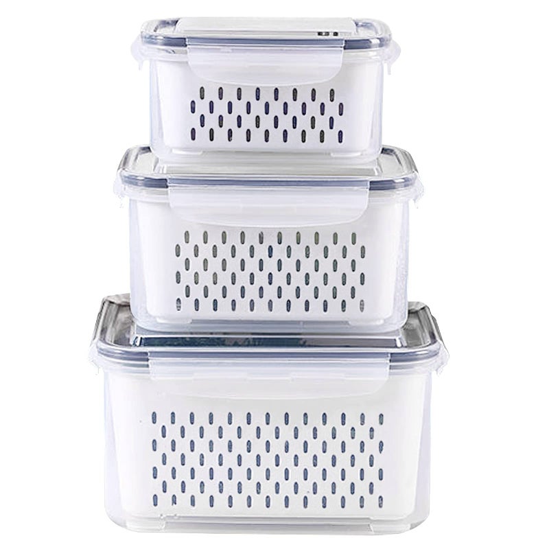 Ronanemon 3Pack Fridge Food Storage Container Set with Lids with Strainer Plastic Fresh Produce Saver Vegetable Fruit Meat Storage Organization  BPA-Free Plastic Produce Keepers(3.15L+1.7L+0.8L) - Image 1